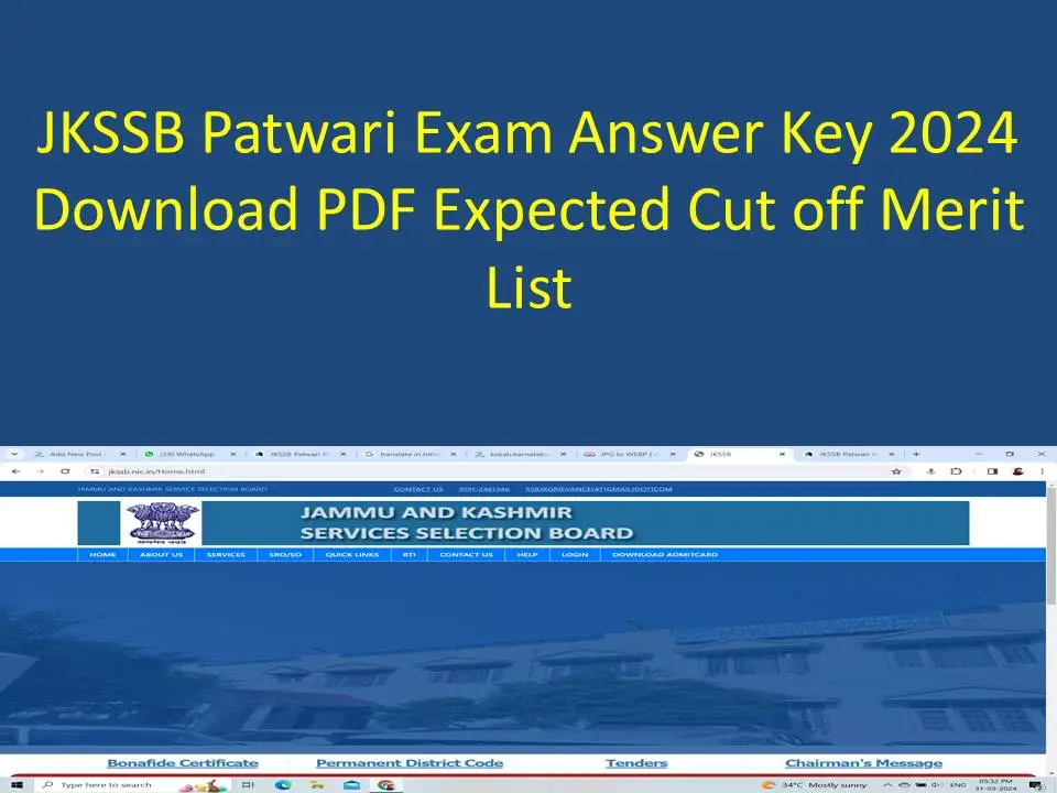 JKSSB Patwari Answer Key 2024 Download PDF Expected Cut Off merit List Check Result date